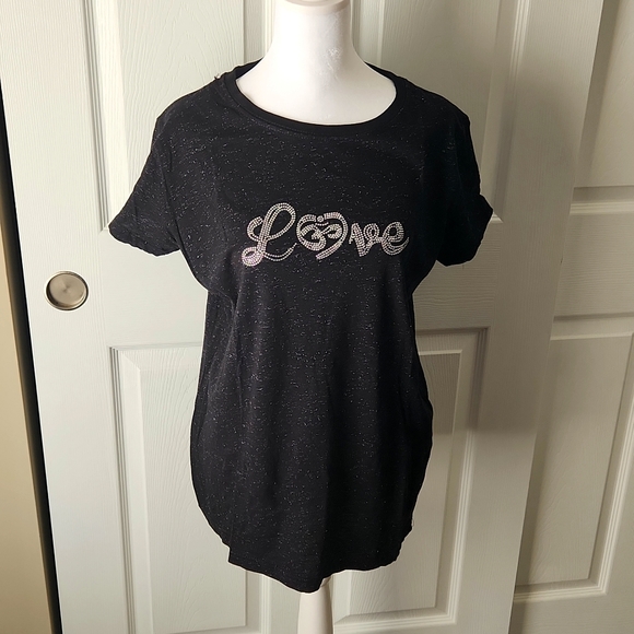 J AMERICA BLACK T SHIRT WITH SILVER STRANDS AND GLITTER GRAPHIC - Picture 1 of 6